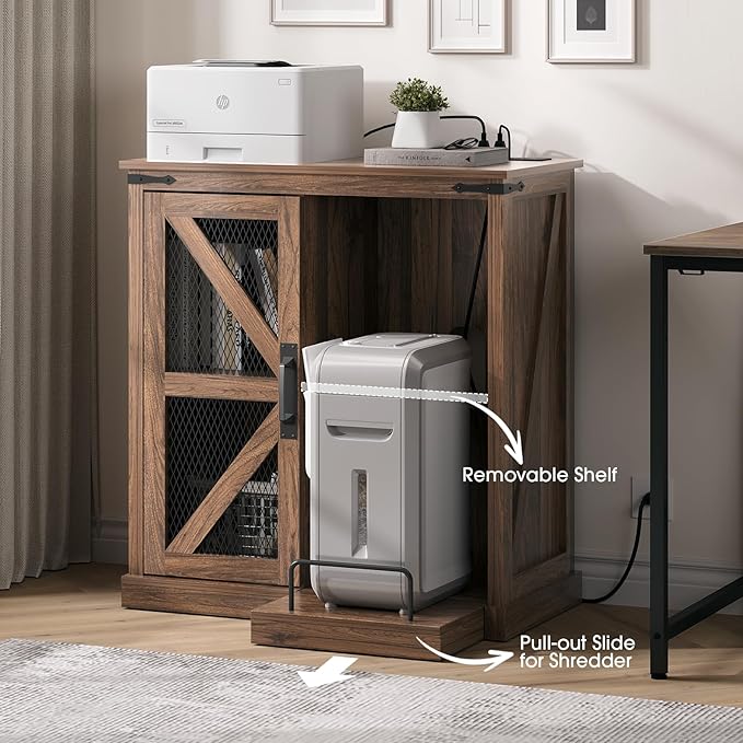 JOINICE,Printer Stand with Storage,File Cabinet with Socket and USB Charging Port,Farmhouse Paper Shredder Stand Rack with Slide-Out Shelf,Walnut