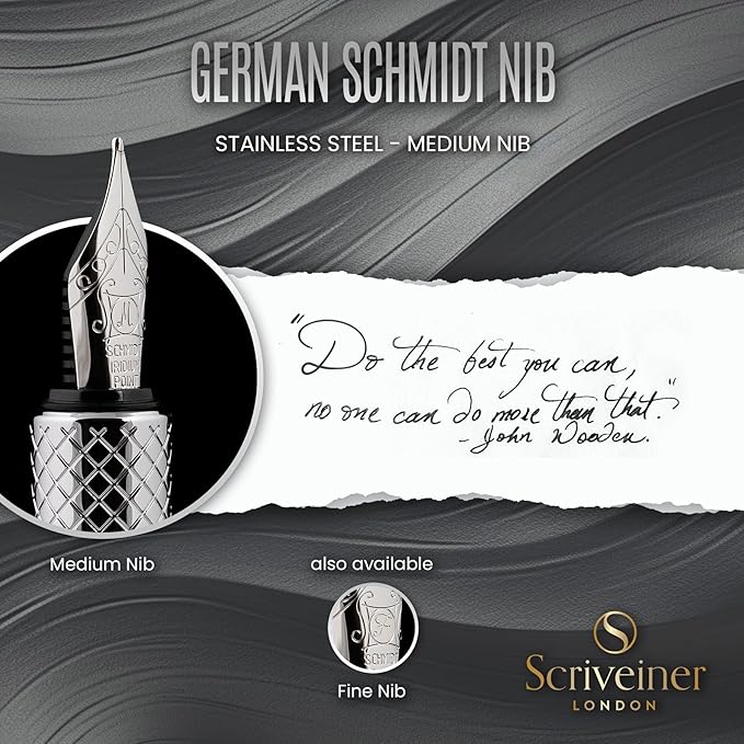 Scriveiner Silver Chrome Fountain Pen (Medium), Award Winning Luxury Pen, Heavy Pocket Pen, Chrome Finish, Schmidt Nib, Converter, Best EDC Writing Pen Gift Set for Men & Women, Nice Office Fancy Pen