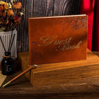 Leather Wedding Guest Book,Visitor Log Guest Book for Vacation Home,Wedding Reception,Funeral,Party,Memorial Service,10.3x8'' Embossed Open House Guest Sign in Book with Wood Grain Pen for Guests