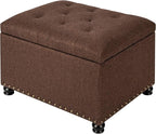Decent Home 24" Storage Ottoman, Fabric Ottoman Foot Rest Stool with Hinged Lid, Tufted Rectangle Upholstered Footstool, Load Up to 350 lb, for Living Room, Bedroom, Dorm, Coffee Brown