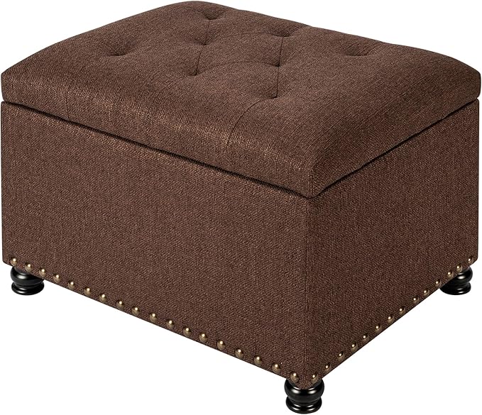Decent Home 24" Storage Ottoman, Fabric Ottoman Foot Rest Stool with Hinged Lid, Tufted Rectangle Upholstered Footstool, Load Up to 350 lb, for Living Room, Bedroom, Dorm, Coffee Brown