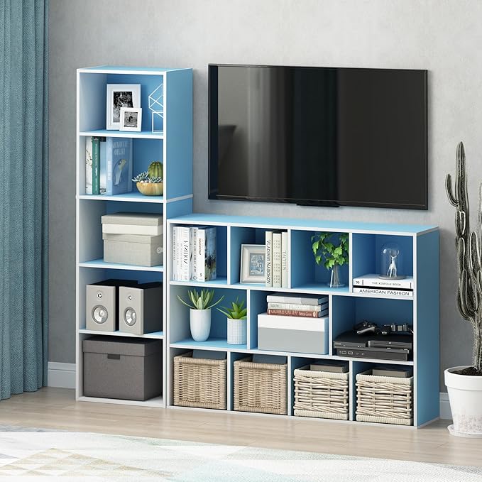 Furinno LUDER Book Shelf, 5-Cube Bookshelf, Bookcase with Open Shelf, 9.4 x 15.8 x 52, for Living Room, Bedroom, Home Office, White/Light Blue