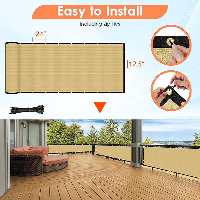 iCover 4x25ft Privacy Screen Fence, Outdoor Fencing Panels, Garden Windscreen Mesh Shade Sail Net Barrier, Include Reinforced Bindings and Brass Grommets Cable Zip Ties,Sand