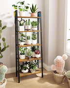 Hzuaneri Ladder Shelf, Bookshelf Bookcase, Freestanding Corner Storage Shelve with 2 Hooks for Home Office, Living Room, Kitchen, Bedroom, Industrial, 11.8" D x 23.6" W x 63" H, Rustic Brown BC19301B