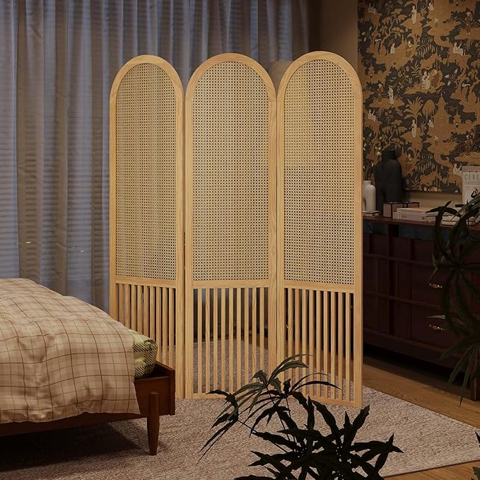 3-Panel Hand-Woven Rattan Room Divider, Tall Foldable Privacy Screen with Wooden Frame - Freestanding Portable Partition for Home Office, Bedroom, Bathroom(Natural-Pine)