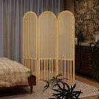 3-Panel Hand-Woven Rattan Room Divider, Tall Foldable Privacy Screen with Wooden Frame - Freestanding Portable Partition for Home Office, Bedroom, Bathroom(Natural-Pine)