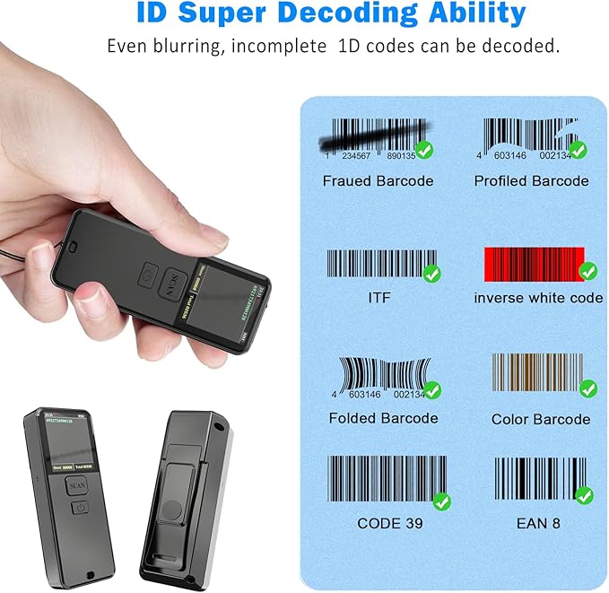 Mini Portable 1D Wireless Barcode Scanner, Bluetooth and 2.4Ghz and USB All in one Laser Barcode Scanner Wireless for Store, Warehouse POS, Computer, Tablet, iPad, iPhone,iOS, Android
