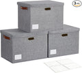 Roobyl 17" Large Collapsible Storage Bins with Lids, Stackable Closet Organizers with PU Handle and Labels, 3-Pack Decorative Fabric Storage Boxes for Home, Bedroom, Closet, Office, Nursery(Gray)