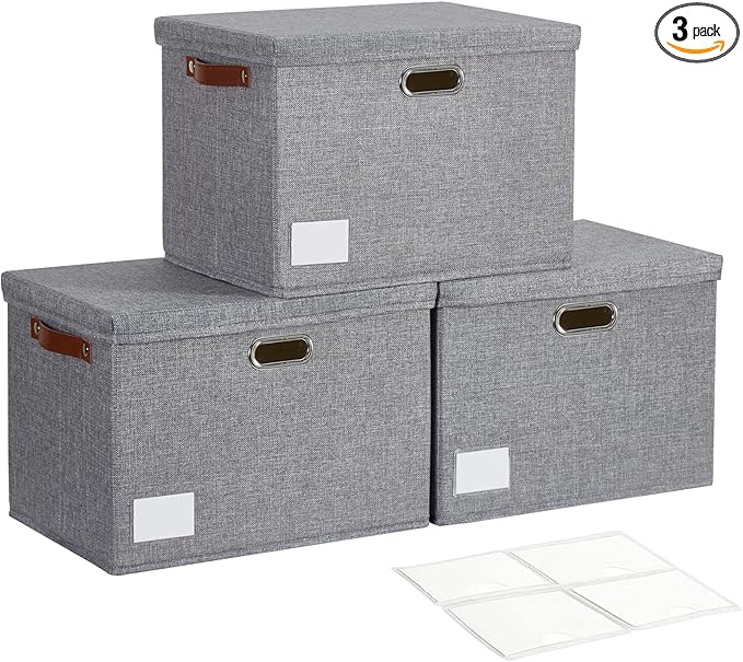 Roobyl 17" Large Collapsible Storage Bins with Lids, Stackable Closet Organizers with PU Handle and Labels, 3-Pack Decorative Fabric Storage Boxes for Home, Bedroom, Closet, Office, Nursery(Gray)