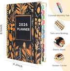 2026 Planner, A5 (6.3"x 8.5") Planner 2026 Jan-Dec, Monthly/Weekly/Daily Tabs with Contacts & Holidays, Hard Cover, Organizer for School and Business Supplies (Wheatear)