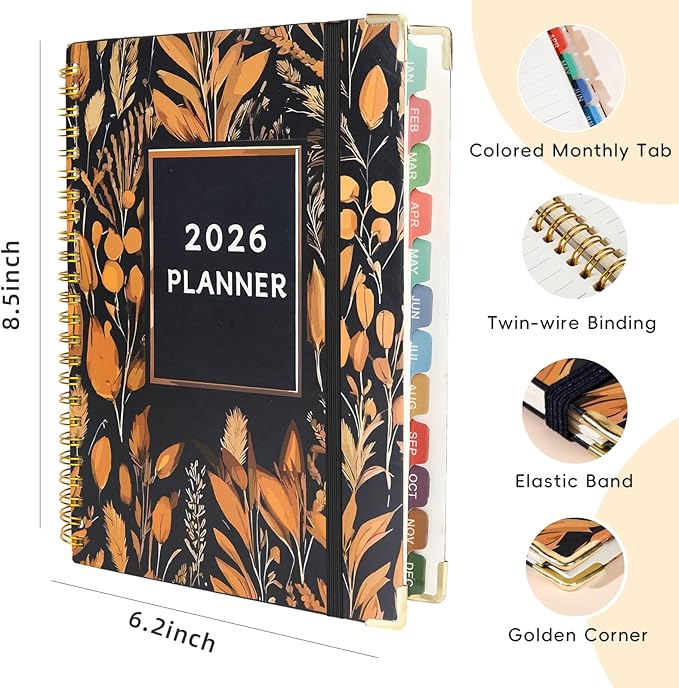 2026 Planner, A5 (6.3"x 8.5") Planner 2026 Jan-Dec, Monthly/Weekly/Daily Tabs with Contacts & Holidays, Hard Cover, Organizer for School and Business Supplies (Wheatear)