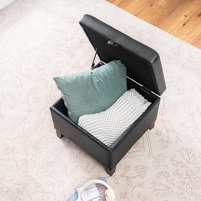 Adeco Storage Ottoman Foot Rest Stool, Leather Ottoman Footstool with Solid Wood Legs and Hinged Lid, 17.7" Small Foot Stool for Living Room, Bedroom