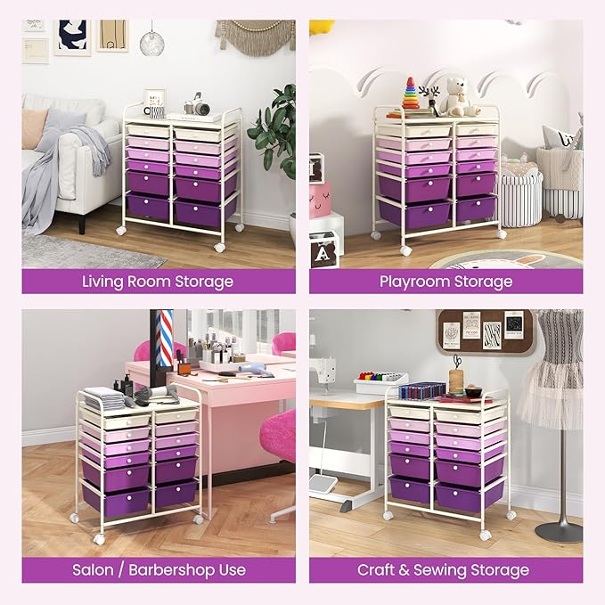 Giantex 12 Drawers Rolling Storage Cart, Classroom Organizers with Wheels for Tools Scrapbook Craft Paper Teacher Office School Supplies (Purple Gradient)