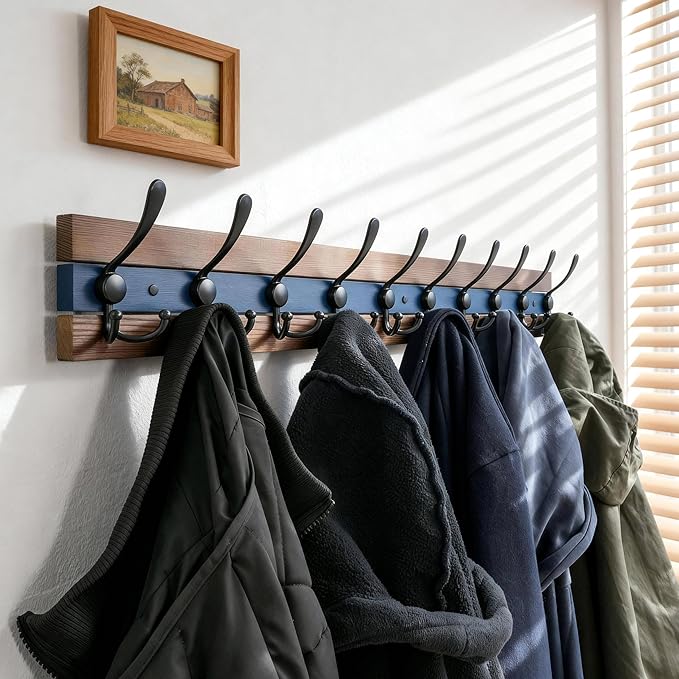 SKOLOO Rustic Coat Rack Wall Mount- 38-1/8" Long Coat Hooks for Wall with 10 Triple Hooks for Hanging Coats, Hats or Tools, Western National Parks Collection, Wood Brown & Blue, Pack of 2