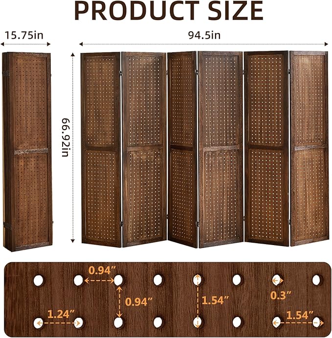 Aleesing 6 Panel Pegboard Display with 24 Hooks,Partition Room dividers, Wooden Room Divider Wall and Folding Privacy Screens, Pegboard Room Divider, Bedroom, Balcony, Dark Brown