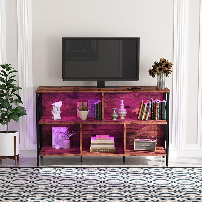 Horizontal Bookshelf,Industrial Modern 5 Cube Low Wide Cubby Bookcase with led Light,Long Wood and Metal Storage Organizer Open Shelf, Book Shelf Bedroom Storage for Home Office Living Room(Brown)