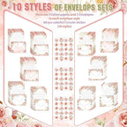TaoBary 160 Pcs Stationery Paper Set 50 Double Sided Stationery Papers with 50 Matching Envelopes and 60 Round Dot Sticker, 10 Design(Pink Floral,5.5 x 8.25 Inch)