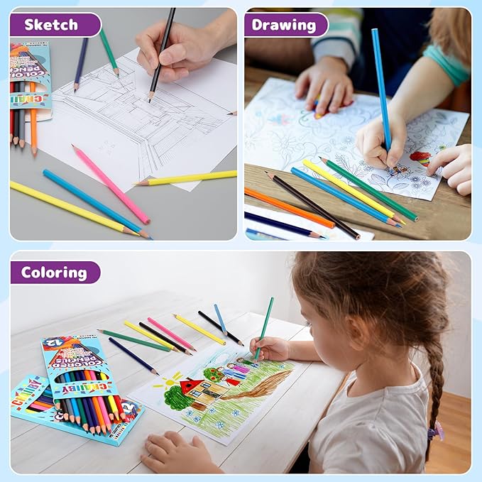 Craiiby Premium Colored Pencils, Soft Core, 288 Count (Pack of 24), 12 Colors Pre-sharpened Color Pencils Bulk, Back to School Supplies, Classroom Prizes (12)