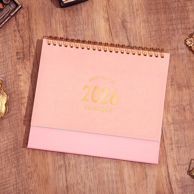 Small Desk Calendar 2026-2027, Standing Flip Desktop Calendar from January 2026 to June 2027 - Metal Ring Twin-Wire Binding Monthly Desktop Calendar for Home Office School (Pink)