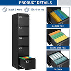Fesbos File Cabinets - 5 Drawers Vertical 17.8" Deep Lockable Filing Cabinet - Black & Gray Metal Storage Cabinets for Home Office to Hanging Files Letter/Legal/F4/A4 Size