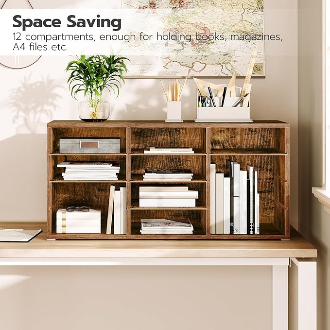 HOOBRO Countertop Mail Sorter Organizer, Wooden Literature Organizer, Student Mailbox for Classroom, Desktop Bill Organizer for Office Home School, 12 Compartments Rustic Brown FG43WF01