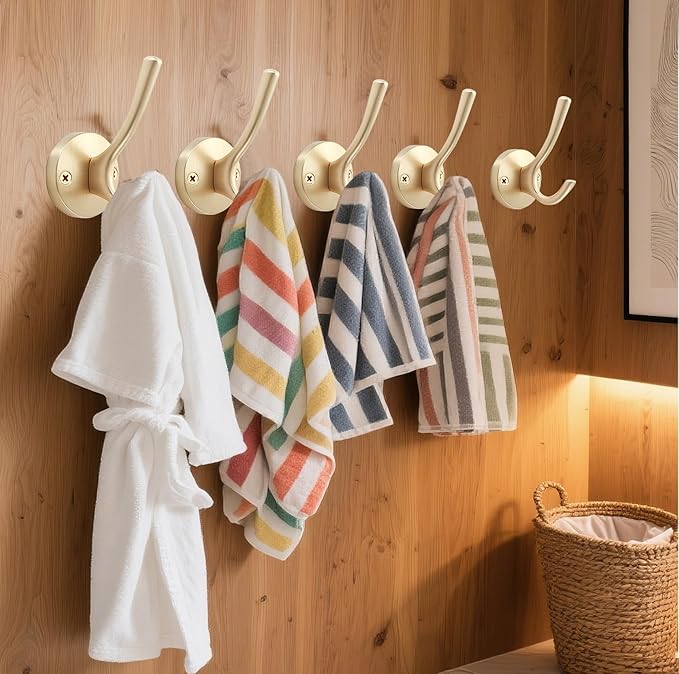 TOFIIGREM Gold Wall Hooks, 5 Pack Coat Robe Hook Heavy Duty Metal Double Bath Hook Wall Mounted, Hand Towel Hooks for Cubicle Bathroom Kitchen Closet Garage