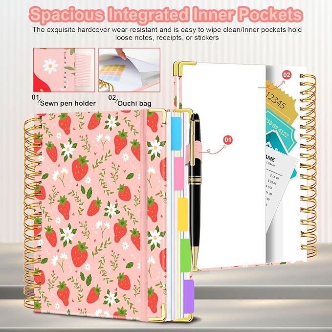 Spiral Journal Notebooks for Work, 300 Pages 5 Subject Notebook College Ruled with Dividers & Tabs, 8''x 10'' Large Notebook Journal for Women Students Note-Taking and Organizer (Pink Strawberry)