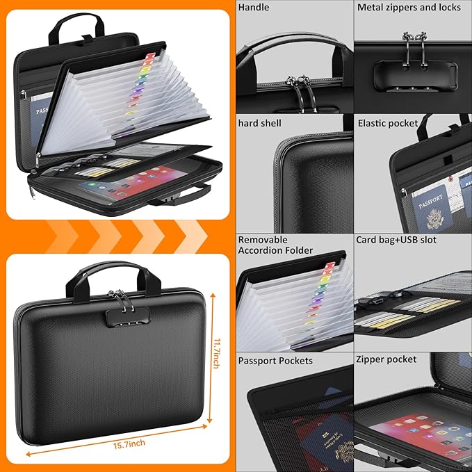Fireproof File Organizer with Lock, Hard-Shell Case Fireproof Document Box with 13 Pockets Accordion File Folder, Important Document Organizer for Letter A4 Files Laptop Passports (Black)