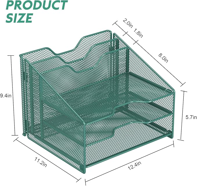 Samstar Green Desk File Organizer, Mesh Letter File Folder Holder with 3 Paper Trays and 2 Vertical Upright Section, for Office Supplies, Desk Accessories & Workspace, Green