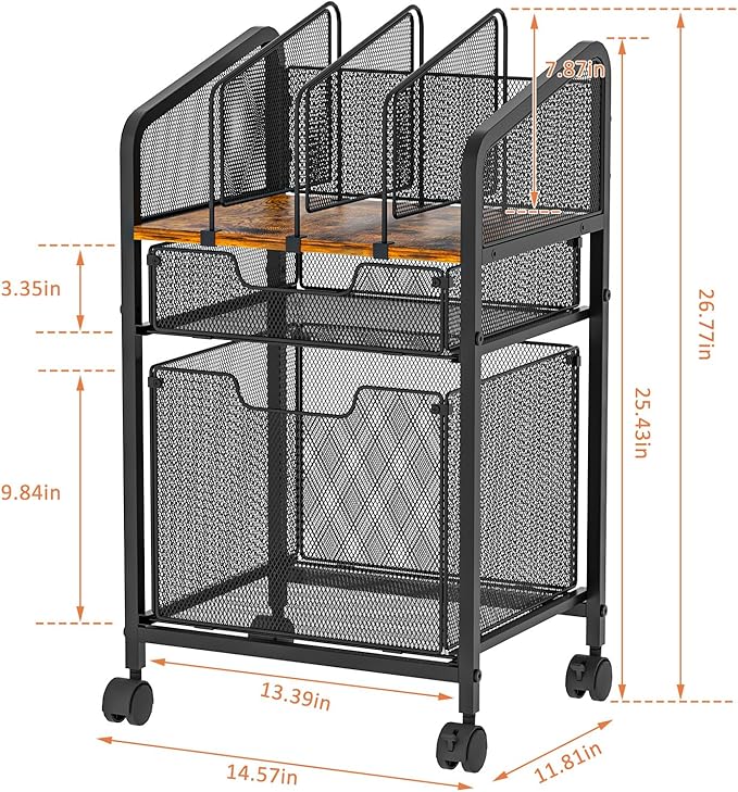 Tiaoheka Rolling File Cabinet with Adjustable Dividers, Mobile Filing Cabinet with 2 Storage Drawers on Lockable Wheels, Hanging File Organizer Beside Under Desk for Office, Home（Patent Pending）