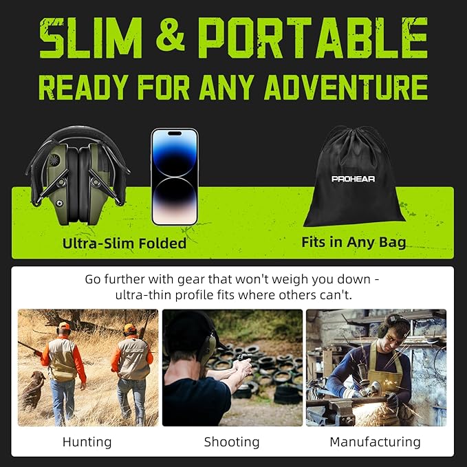 PROHEAR 022 Electronic Ear Protection for Shooting & Hunting - 29dB SNR Noise Reduction, 5X Sound Amplification, 4 Omnidirectional Microphones, HD Speakers - Gun Range Hearing Protection Muffs,Green