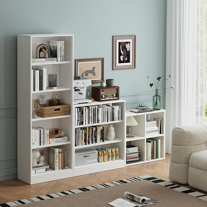 IRONMIX White Cube Storage Organizer with 4 Storage Basket, Metal Short Bookshelf with Storage, 2 Tier Horizontal Bookshelf, Small Cube Bookcase for Home Office Library (White, 700+1037 with Basket)