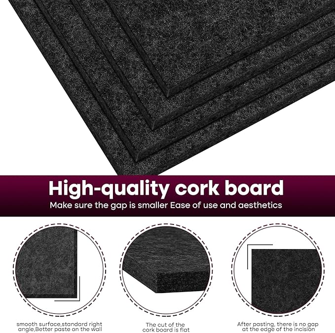Bouiexye Felt Cork Board Tiles 6 Pack Black Bulletin Boards 12"x12" - 1/2" Thick Corkboards for Wall Bulletin Board Self Adhesive with 100 Push Pins for Wall School Home Office