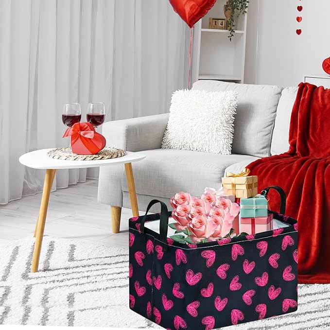 FUULOXE Rectangular Valentines Basket Storage Bin for Shelves Girls Gifts Baskets Foldable Box with Handles for Home Office Car Dormroom Valentine's Day Party Supplies