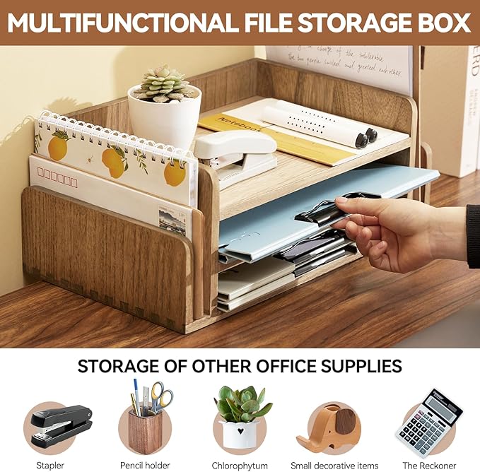 KIRIGEN Wood Desk Organizer 5 Trays - Desktop Document Letter Tray for Folders, Mail,File -Nature 3-Tier Office Mail Sorter Organizer Rack/Telephone Stand/Document Holder Dark Brown(2TP-DBR)