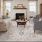 GENIMO 7x9 Area Rugs for Living Room, Non Slip Machine Washable Vintage Rugs, Low Pile Lightweight Chenille Print Large Rug for Bedroom, Dining Room, Home Office, Light Taupe Brown