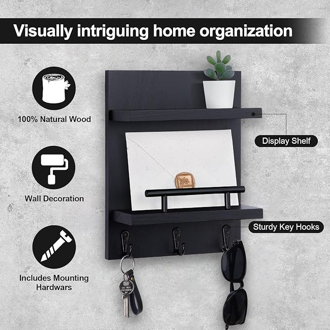Lucundm Key Holder Wall Mount, Mail Shelf Decor with 3 Key Hooks, Versatile Wood Wall Organizer for Entryway Hallway (8.2” x 10.6”x 3.6”) (Black)