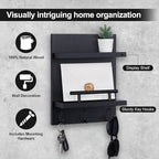Lucundm Key Holder Wall Mount, Mail Shelf Decor with 3 Key Hooks, Versatile Wood Wall Organizer for Entryway Hallway (8.2” x 10.6”x 3.6”) (Black)