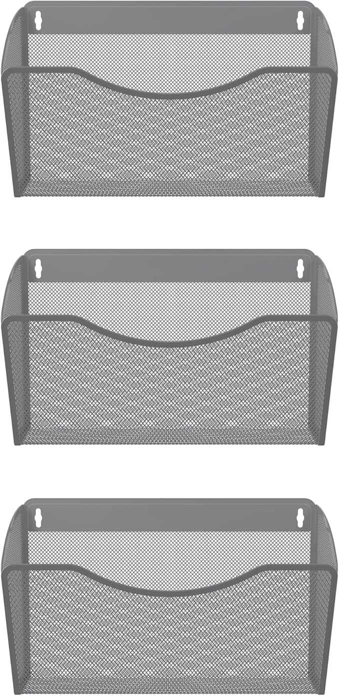 EasyPAG 3 Single Pocket Wall File Organizer, Mesh Hanging File Folder Organizer for Letter/A4 Size Folders, Wall Mounted Vertical Mail Holder for Paperwork, Office, Home, School, Silver