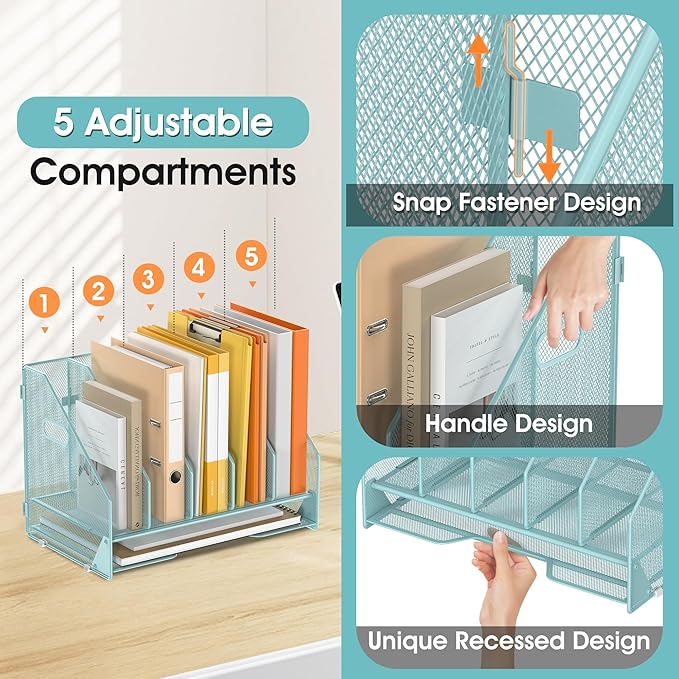 OrgMate Desk File Folder Holder Organizer-5 Vertical Compartments Racks and Paper Letter Tray,Mesh Magazine File Holder Sorter,Desktop Accessories & Workspace Organizers for Home,Office,School-Blue