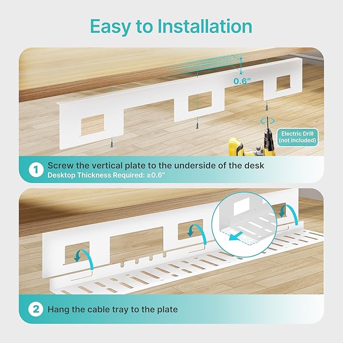 PEGZONE Under Desk Cable Management Tray, 31.5 Inches Metal Cord Organizer Rack, Desk Tray for Power Strip, Cord, Wire, Easy Mounting Cable Management Under Table for Home Office, White