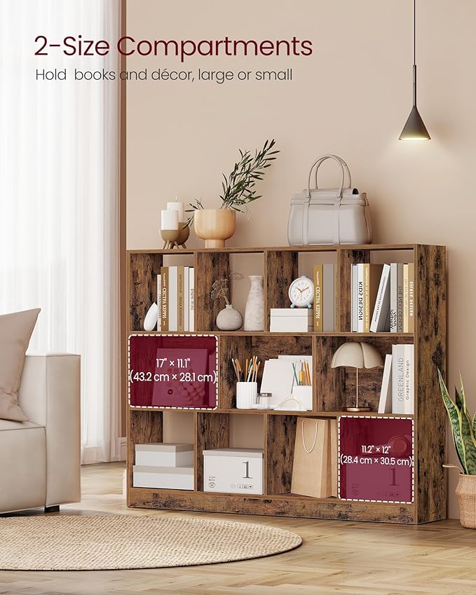 VASAGLE Custos Collection - Bookshelf, 3-Tier Bookcase, Book Shelf, Open Storage Shelf, 9.4 x 49.6 x 39.4 Inches, for Living Room, Home Office, Dining Room, Rustic Brown ULBC454K01