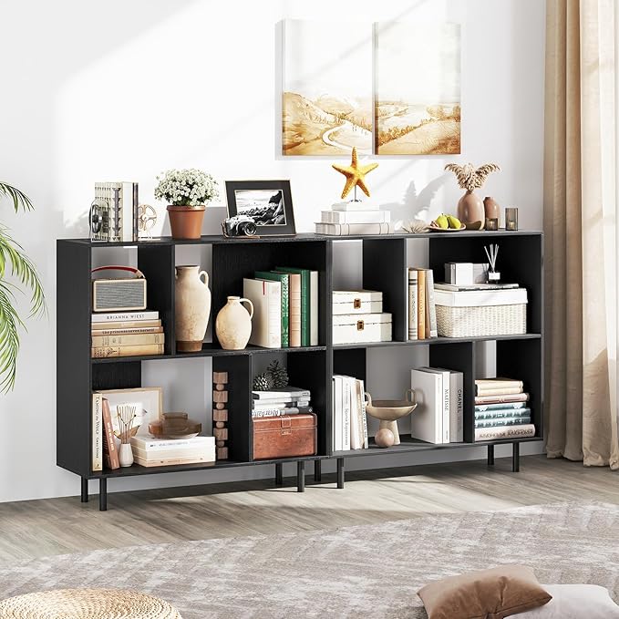 Tangkula 4 Cubby Open Bookcase, 3-Tier Freestanding Bookshelf with Detachable Metal Legs, Anti-toppling Device, Anti-Falling Baffles, Modern Cubicle Display Shelf (1,Black)