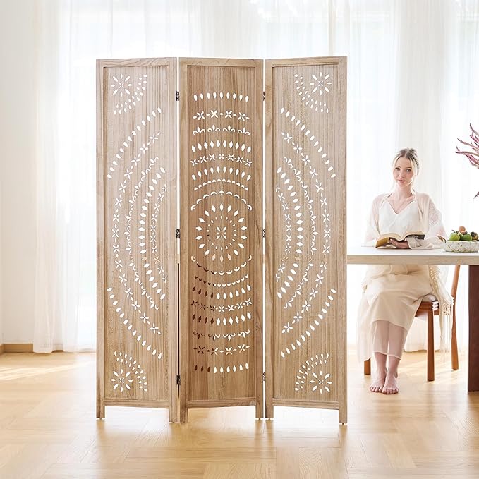 5.6 Ft Folding Room Divider, Portable Privacy Screen & Partition, No Assembly Required for Use as Cat Litter Box Cover, Clutter Hider, Room Separator, 3 Panels (Natural)