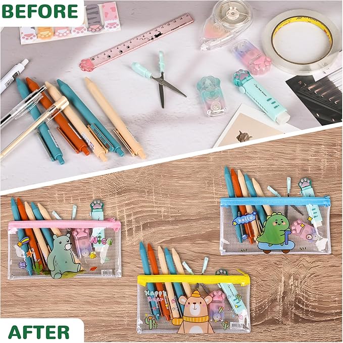Ulema 24 Pcs Back to School Gifts Cartoon Mesh Pencil Pouch Bags Plastic Zipper Pouch 8×4 Inch for Classroom Organization School Office Supplies (24)