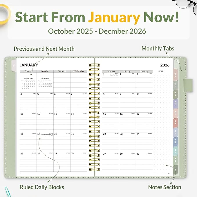 SUNEE 2026 Weekly & Monthly Planner 6.4"x8.5"- 12 Month (January 2026 - December 2026), Vegan Leather Cover, Pocket, Bookmark, Notes, Monthly Tab, Sage Green