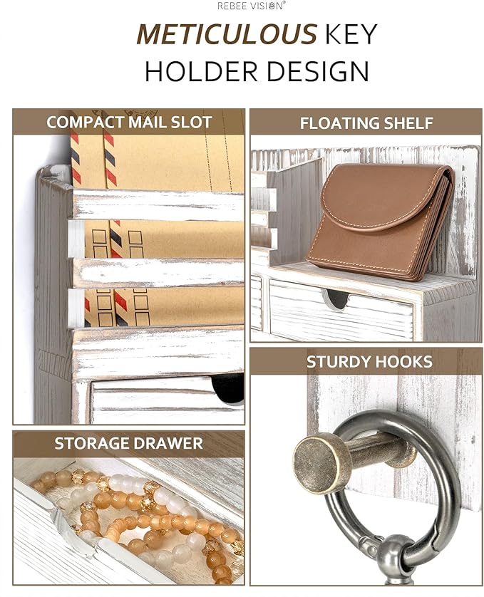 Rebee Vision Farmhouse Key Holder Wall Mount for Home Decor – Key and Mail Holder for Wall with 2 Drawer Organizer, 6 Key Hooks & Shelf – Apartment Essentials (Whitewash)