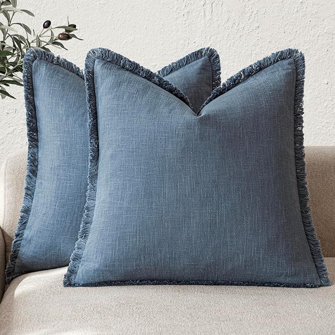 Foindtower Set of 2 Decorative Linen Fringe Throw Pillow Covers Cozy Farmhouse Cushion Cover with Tassels Accent Pillowcase for Couch Chair Sofa Bed Living Room Home Decor,16×16 Inch,Dark Blue