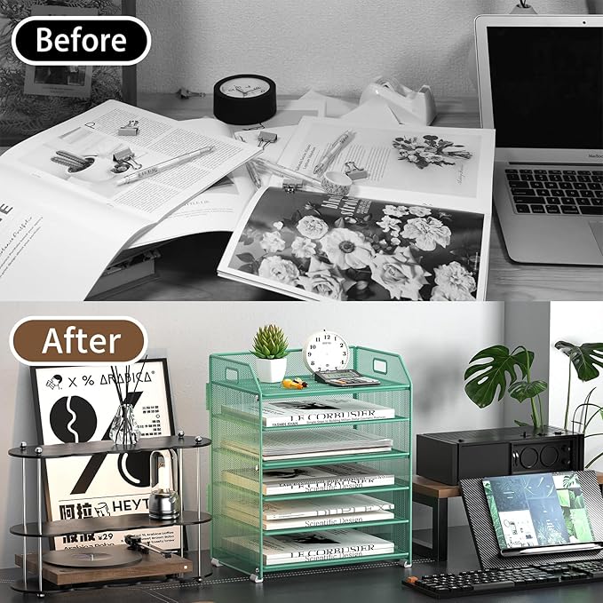 6 Tier Desk Organizer, Heavy-Duty Thick Metal Letter Tray Organizer, Large Capacity Desktop File Organizer for Heavy Files, Easy to Assemble for Home, Office & Classroom,Black,Green