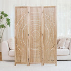 66.9Inch Folding Room Divider, 3 Panels Wood Carved Privacy Screens, Free Assembled Freestanding Partition for Home Office Restaurant Bedroom (Natural)